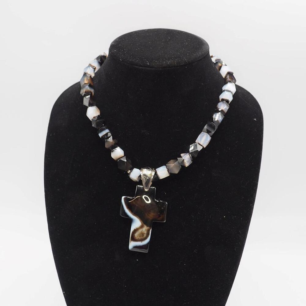 Cross Sterling Silver .925 Jasper Quartz Beads Statement Heavy Necklace